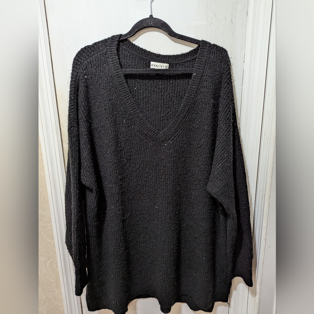 Ava & Viv 2XL Black Metallic V-neck Long Sleeve Sweater